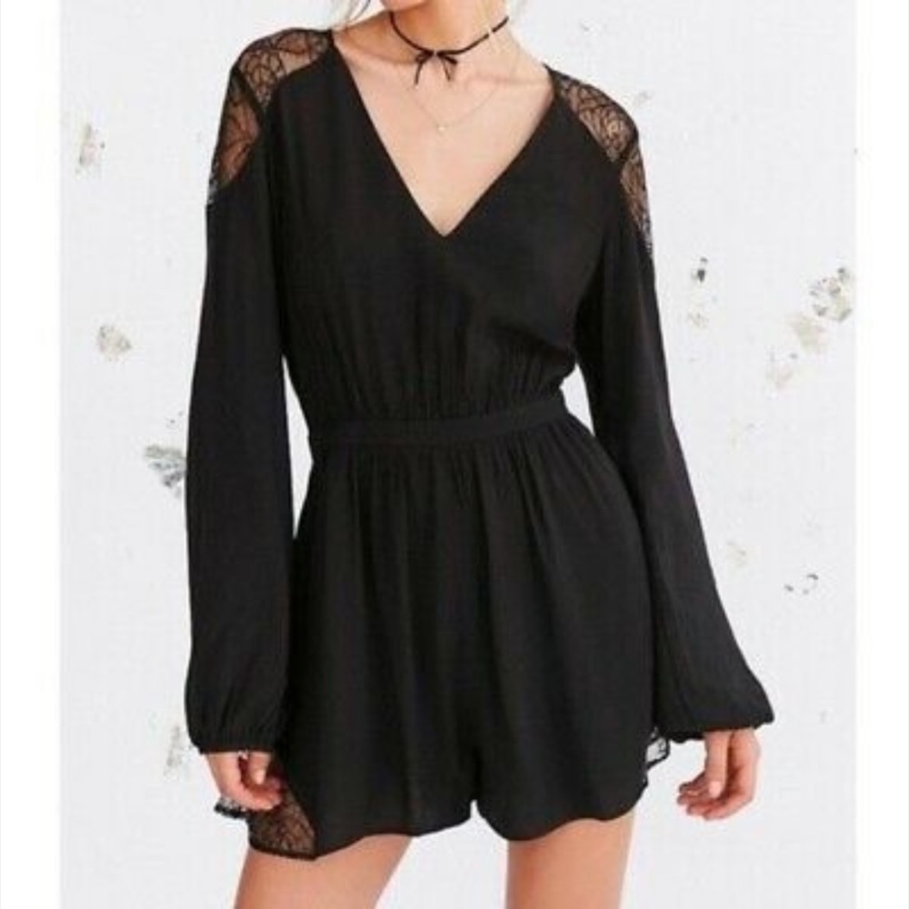 Urban Outfitters Kimchi Blue Open Back Black Lace Romper with Long Sleeves